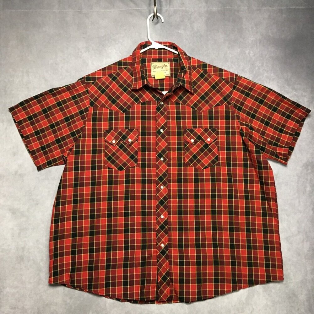 Wrangler Mens Western Fashion Snap Shirt size 2XL Short Sleeve Red Plaid Cowboy‎